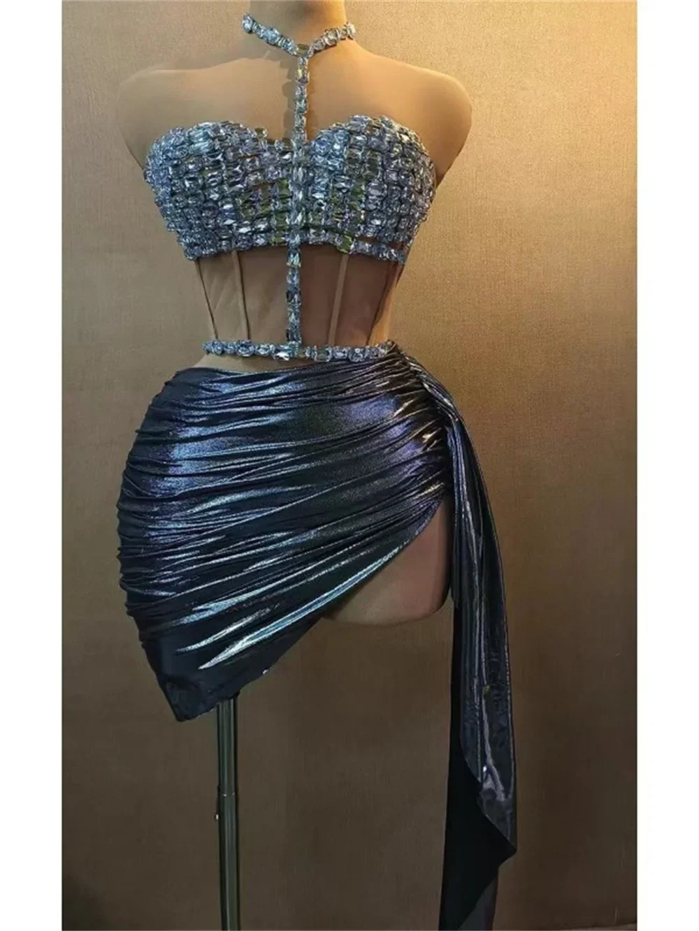 Evening Party, Prom, Celebrate Nightclub, Photo Shoot, Stage Show Wear Women's Sparkly Diamonds Mesh Backless Short Dress