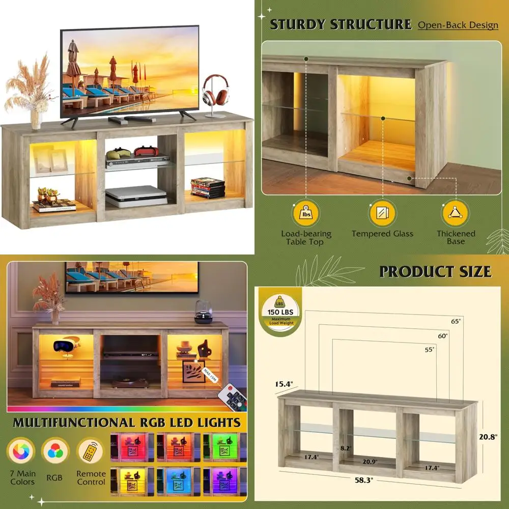 Suporte de TV LED WLIVE para TV de 65 polegadas, centro de entretenimento moderno com prateleiras de vidro ajustáveis e luzes LED personalizáveis, resistente M