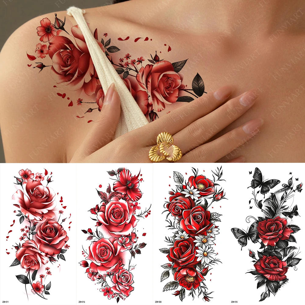 

Rose Flower Temporary Tattoos Floral Butterfly Fashion Woman Fake Body Arm Sticker Man Tattoo Stickers for Hand Leg Body Art