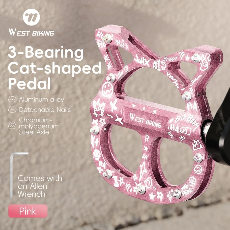 

Cat Shape Bicycle Pedal Mountain Bike Aluminum Alloy Removable oot Nail Cycling 3 Bearing Non-Slip MTB Road Graffiti Pedal Part