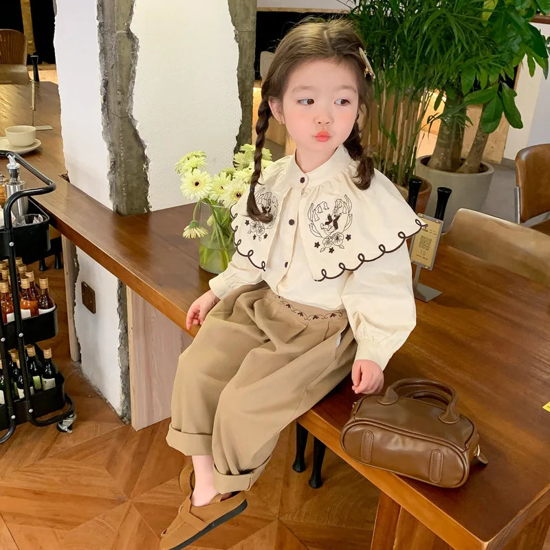 Children Clothing 2024 Spring and Autumn New Girls French Style Large Lapel Embroidered Shirt Straight Leg Pants Two Piece Set