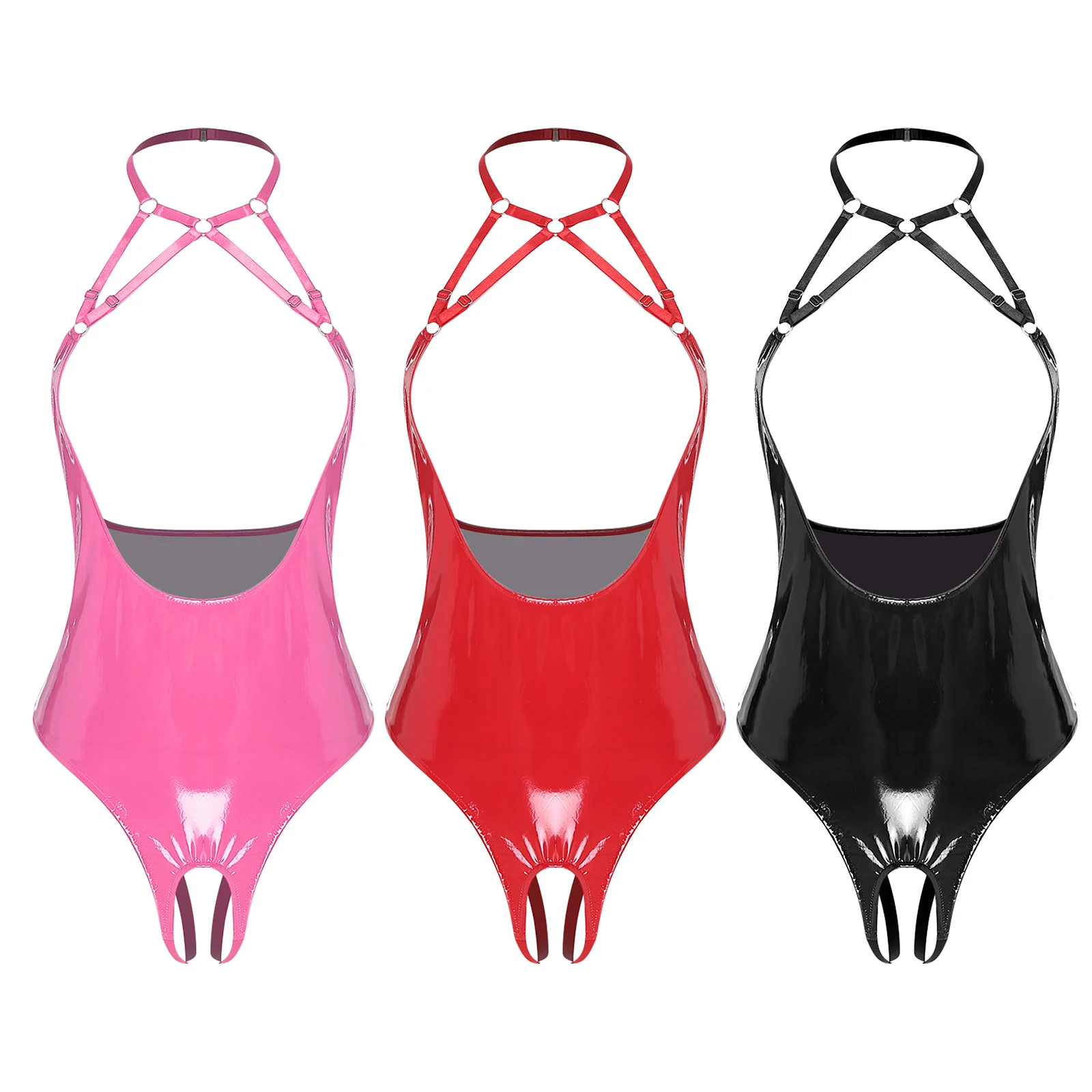 

Women Sexy Lingerie PU Leather Strappy Halter Bodysuit Open Chest Backless Crotchless Leotards Jumpsuit for Nightclub Rave Party