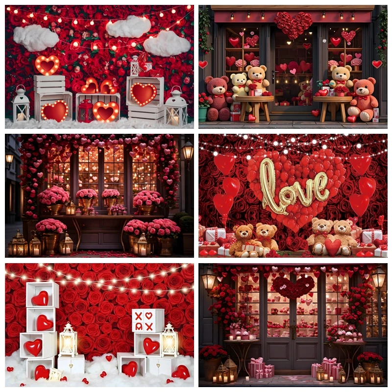 Laeacco Happy Valentine's Day Photography Backdrop Red Love Styling Rose Light Strip Plush Bear Proposal Party Decor Photo Props