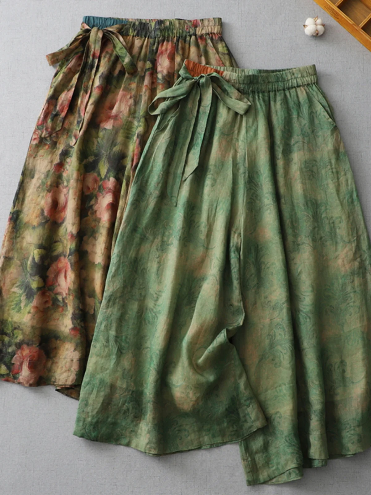 Pantalones de pierna ancha de lino y algodón con estampado Retro, falda para mujer, cintura elástica, pantalones holgados finos informales de lino de nueve puntos