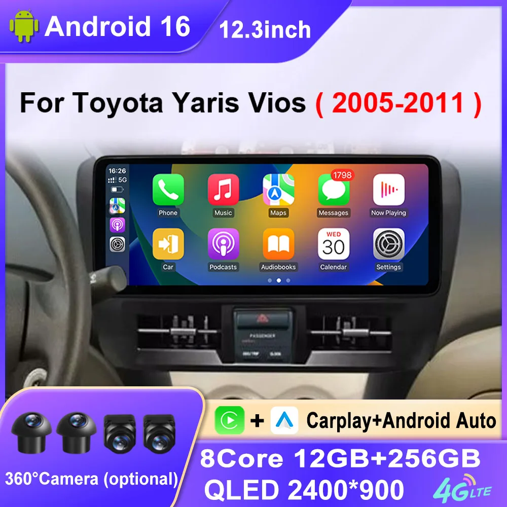 12.3 Inch Android 16 Car Stereo For Toyota Yaris Vios 2005-2011 Wireless CarPlay Auto GPS Navigation WIFI Touch Screen Head Unit