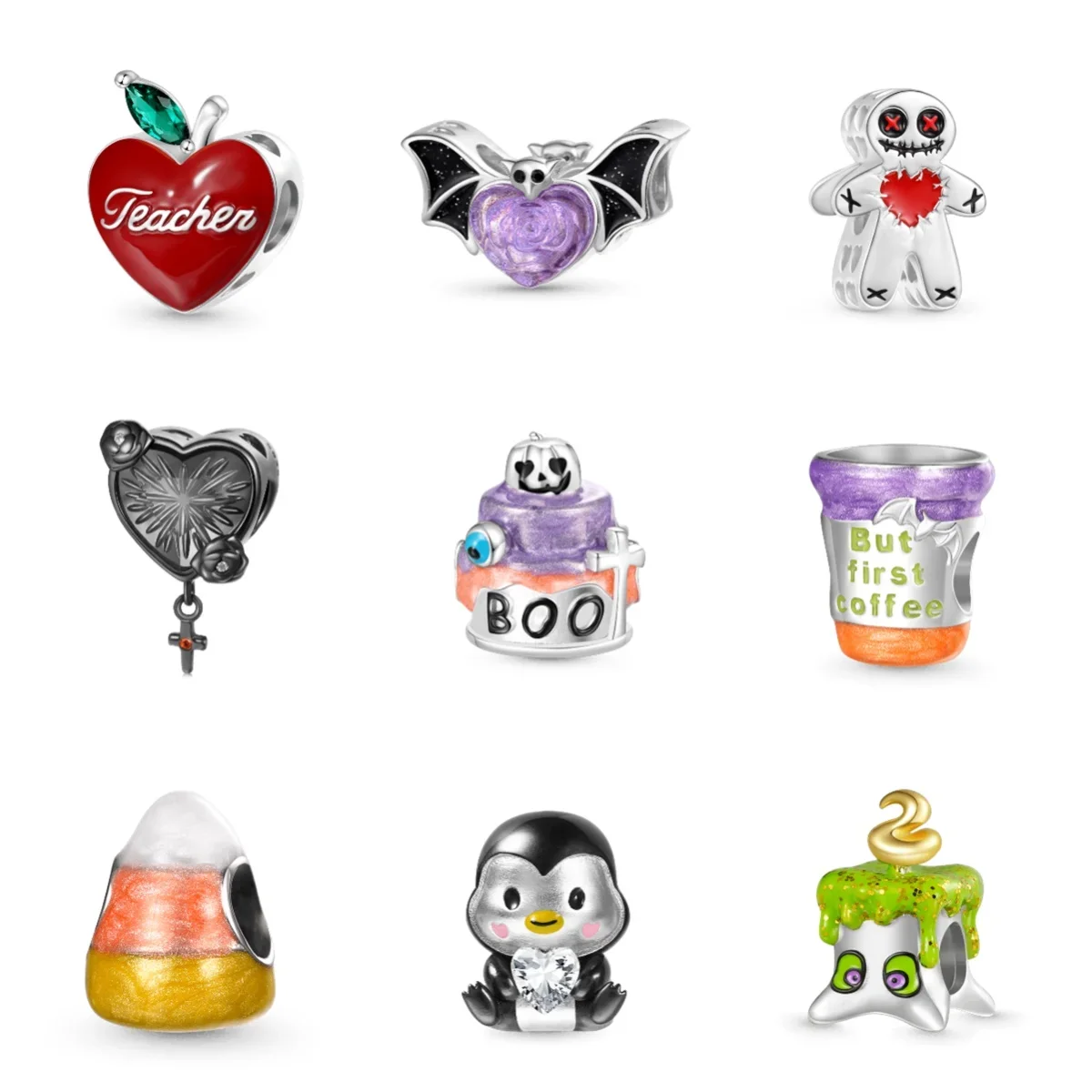 

Sterling Silver Halloween Cartoon Pumpkin Ghost Cute Cat