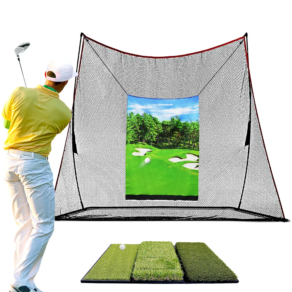 Golf 10x7 feet batting net three turf pads indoor and outdoor training aids