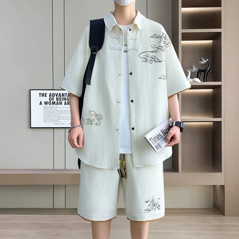 

Retro Hanfu Themed Men's Summer Outfit Lightweight Thin Fabric Short Sleeve Shirt and Shorts Two-Piece Set