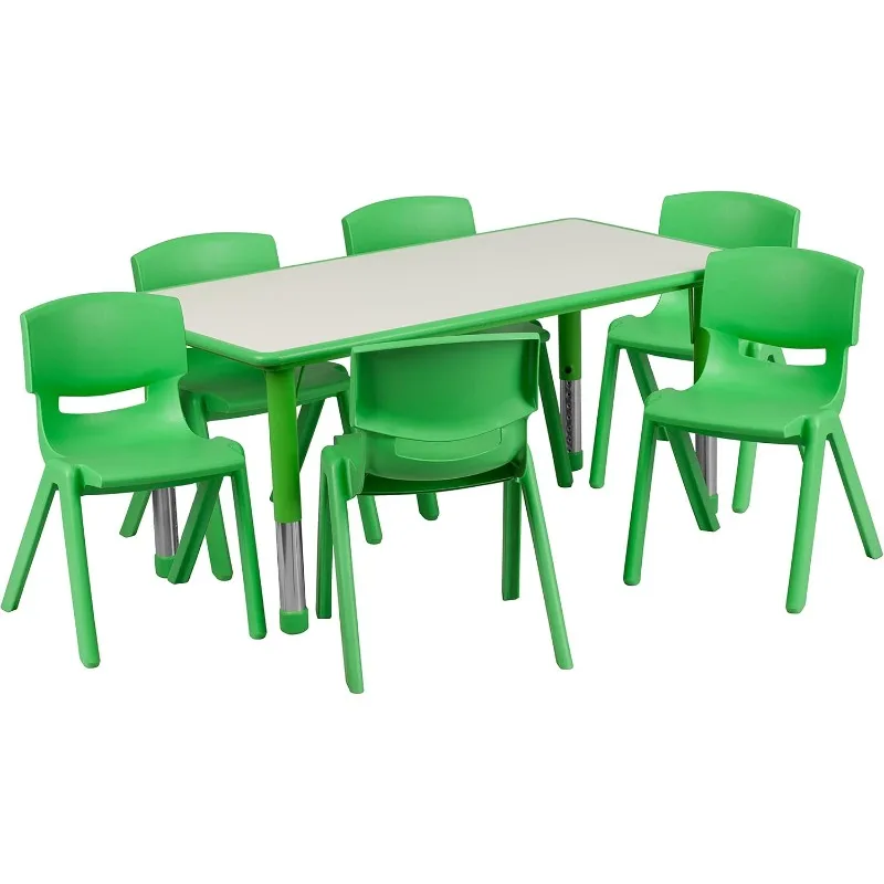 Emmy 23.625''W x 47.25''L Rectangular Green Plastic Height Adjustable Activity Table Set with 6 Chairs