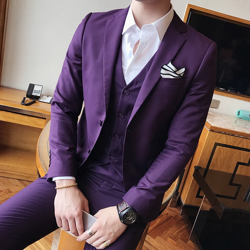 (Jacket+Pants+Vest) 3 Pcs Set Blazers Fashion New Men Casual Boutique Business Solid Color Wedding Suits Dress Coat Trousers