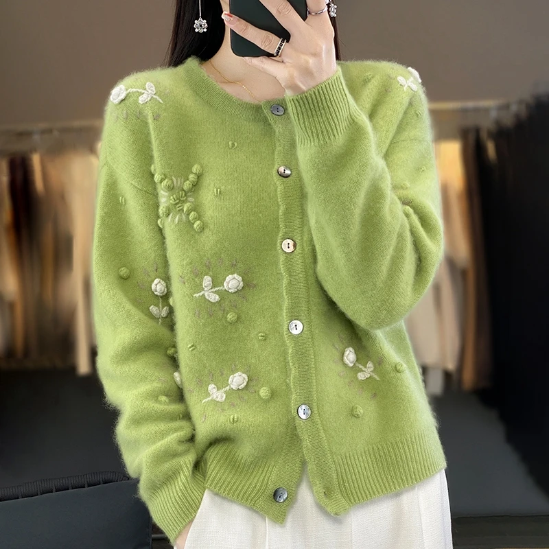 

100% Wool Winter Women Sweater Female Cardigan Thick Casual Coat Long Sleeve O-Neck Jacket Large Size Tops Knitted Loose Outwear