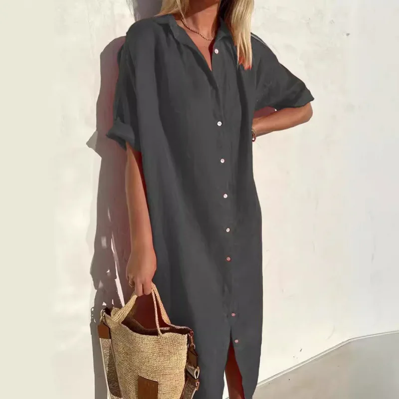 Spring Summer Long Shirt Dress For Women Office Commuting Versatile Short-sleeved Button Elegant Casual Pocket Solid Color Dress