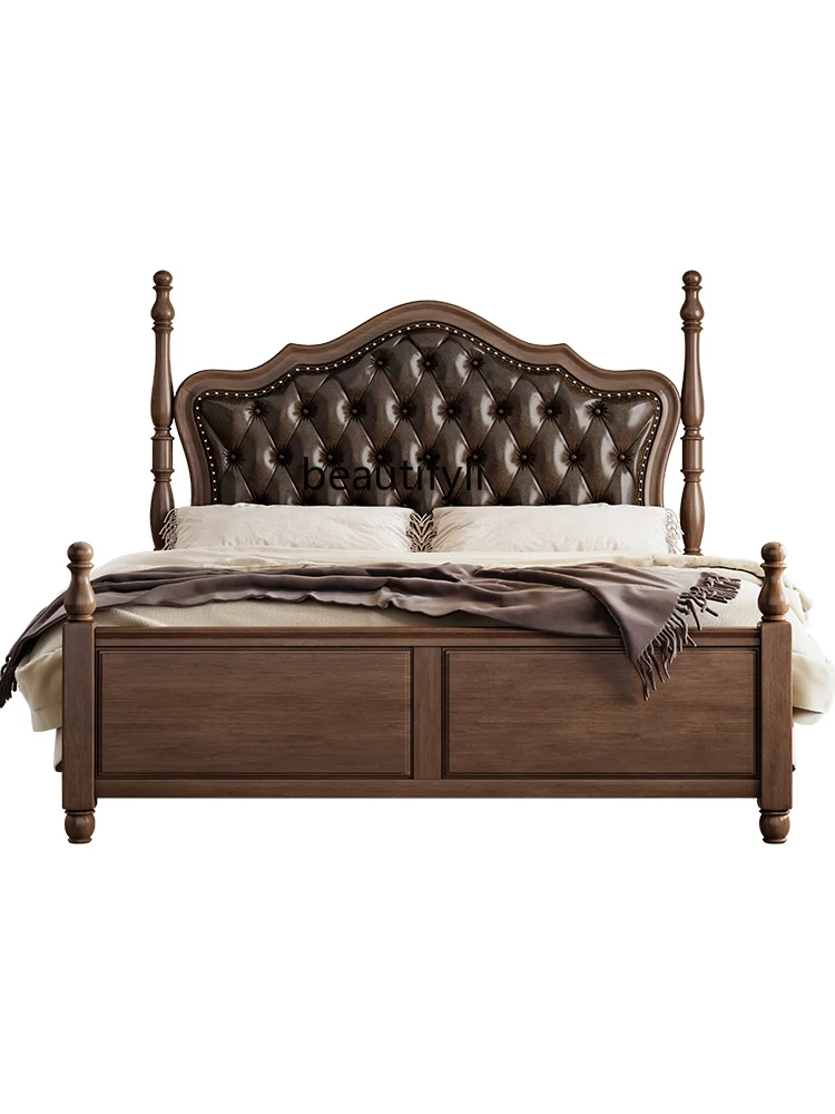 Retro American Style Solid Wood Bed Soft Double   Modern Minimalist French  Storage European Bed Master Bedroom