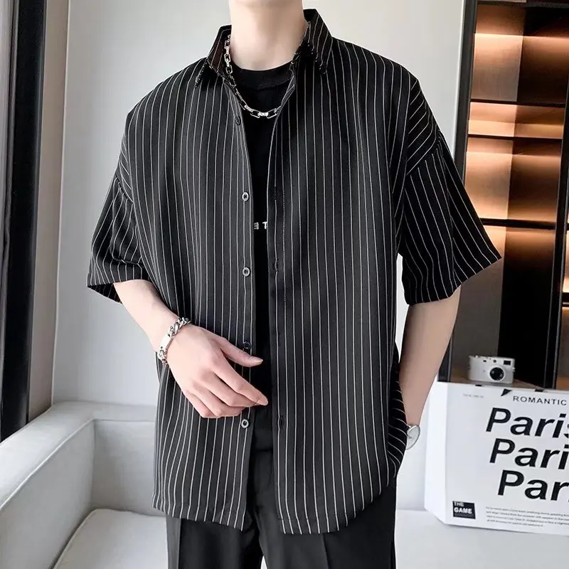 Striped Shirt men Japanese Casual Oversize Trend Black Unisex gothic Short Sleeved Blouses