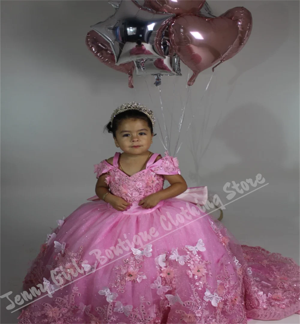 Children's Girl Dress With Thin Straps Pink Fluffy Bow Knot For First Birthday Party Performance Evening Dress