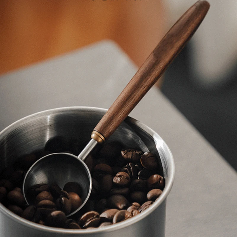 25ml Wooden Handle Stainless Steel Coffee Scoop Tablespoon Measuring Spoon Walnut Wood Long Handle Coffee Spoons Cafe Decoration
