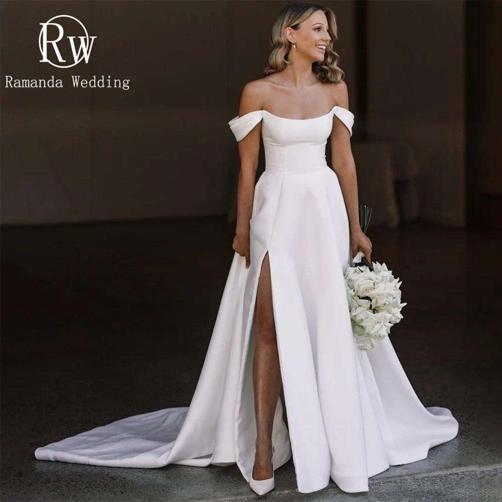 

Ramanda Sexy Off The Shoulder Boat Neck Wedding Dresses Simple Backless Train Side Slit Bridal Gown Robe De Mariee Custom Made