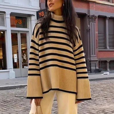 

Loose High Ne Knitted Striped Split Sweater Top for Women Autumn Winter New Sle Faionable Comfortable Cotton Blend