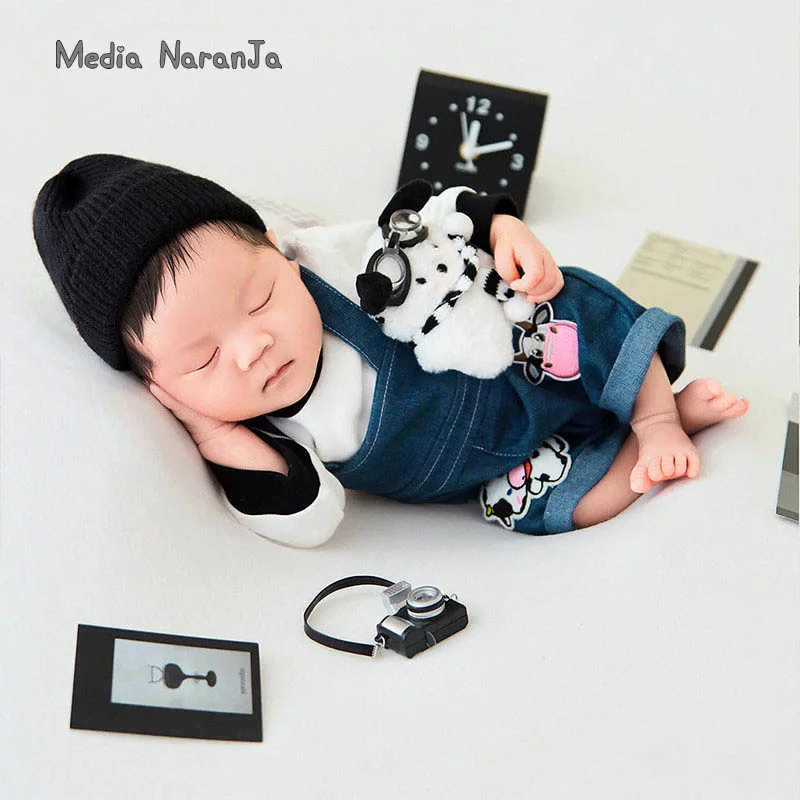 Newborn baby boy photography props 3pcs outfit set hat+long sleeve top+suspender pants infant photo shoot costume