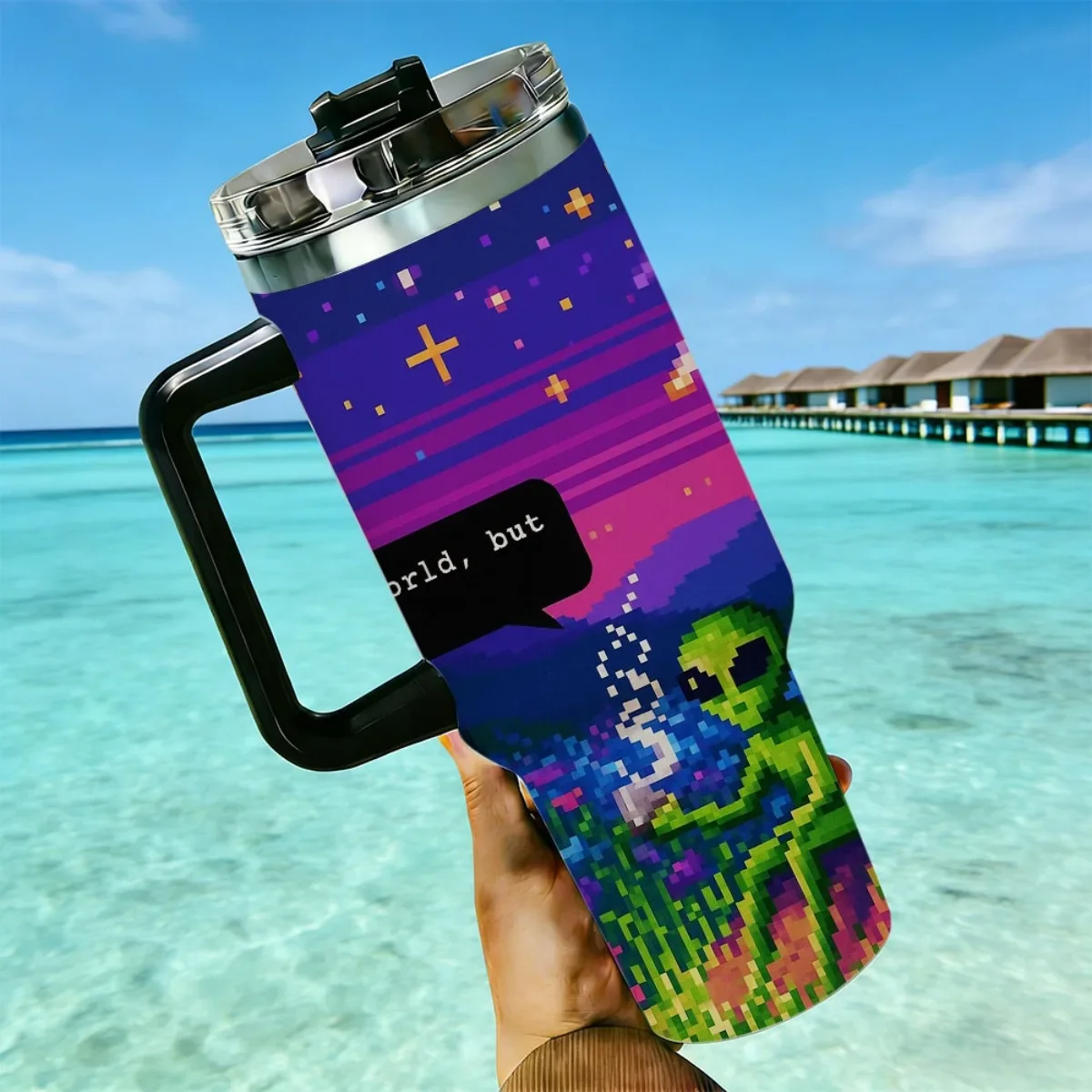 40oz Pixel Alien Starry Wildflower Forest Print Stainless Steel Tumbler With Handle Straw Lid 24 Hours Cold Insulated Travel Water Cup