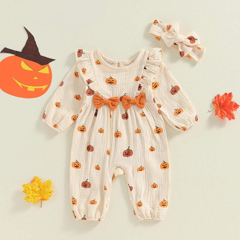 

Baby Girl 2Pcs Fall Outfits Ruffle Long Sleeve Pumpkin Print Jumpsuit with Headband Set Newborn Clothes