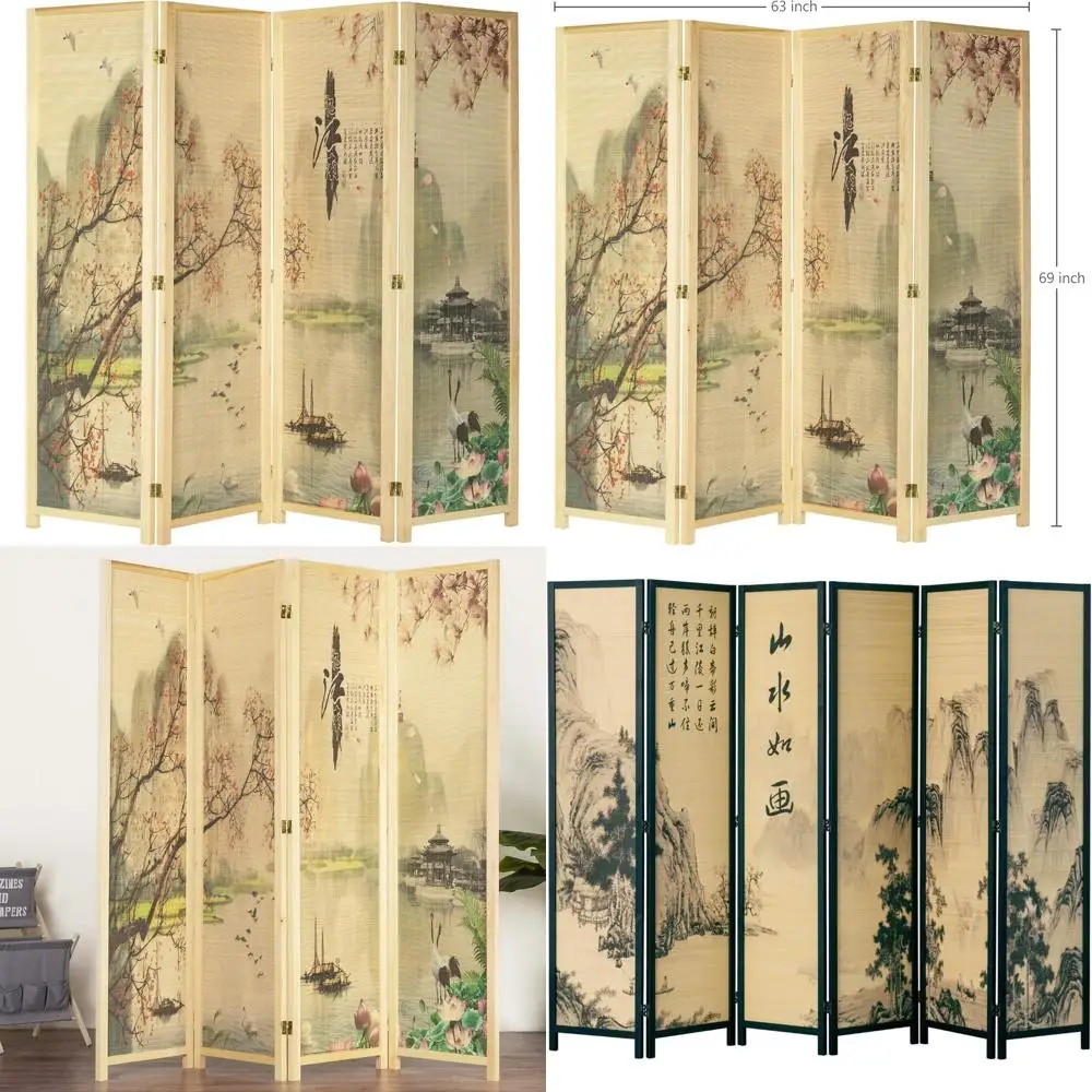 مقسم غرفة من الخيزران قابل للطي مكون من 4 ألواح مستوحاة من زهر الكرز الآسيوي، قسم فني من الزهور قائم بذاته بطول 6 أقدام