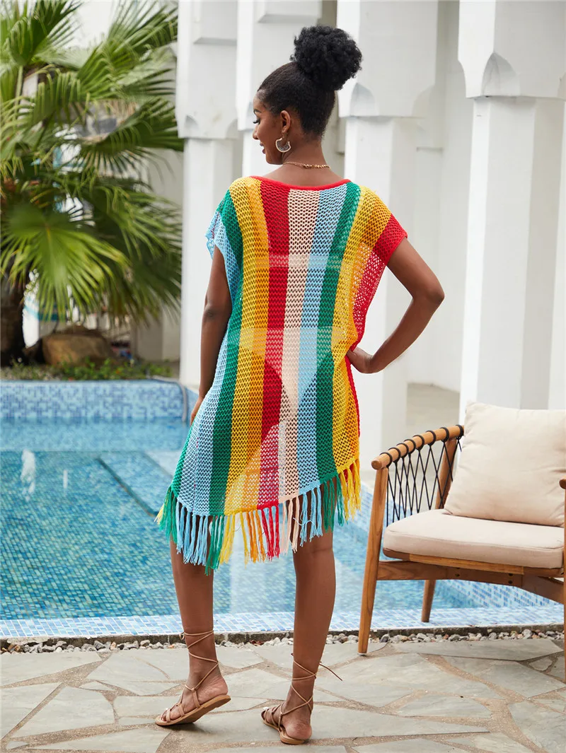 Rainbow Stripe Tassel Casual Short Sleeve Knitting Bikini Cover-ups For Women 2023 Summer Beach Wear Swim Suit Cover Up