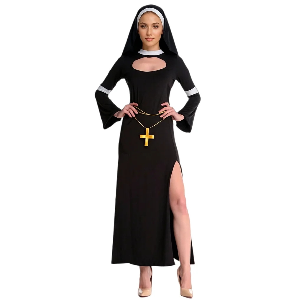 Costume de missionnaire sexy et coquin pour femme, robe longue noire pour Halloween