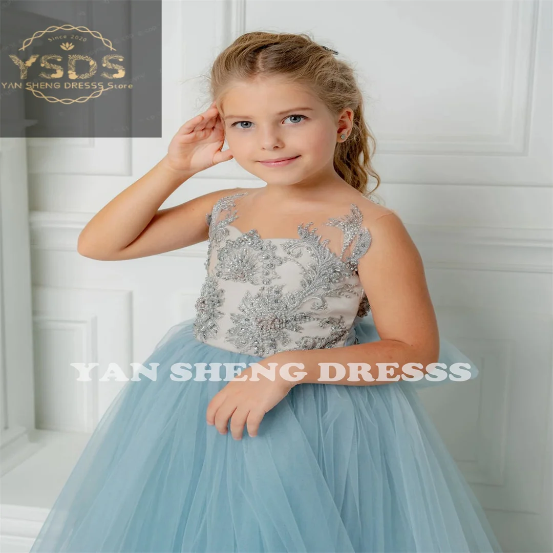 Light Blue Tulle Flower Girl Dress Beaded Sleeveless Appqulies Backless Ball Gown For Wedding Party Kids Birthday Pageant Dress