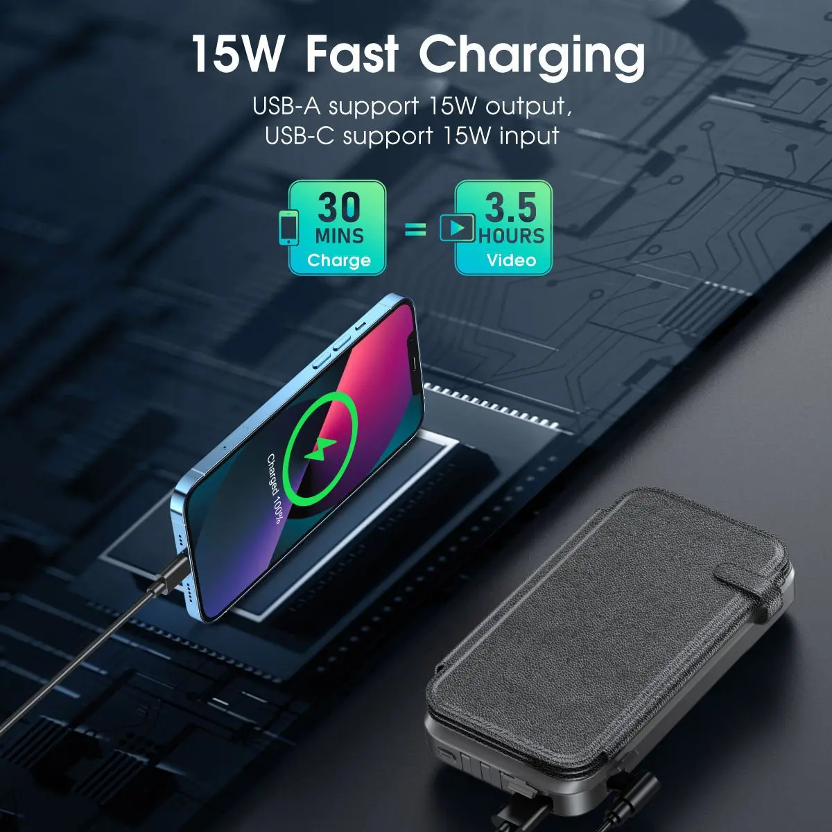 Bank energii słonecznej 43800mAh 10W ładowanie bezprzewodowe 20W PD szybka ładowarka Powerbank wbudowany kabel do iPhone 15 Samsung S21 Poverbank