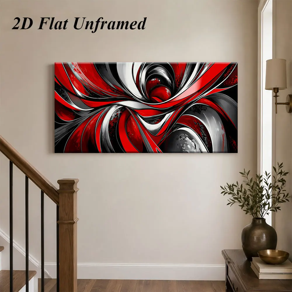 1 modern abstract art frameless decorative painting with dynamic lines interwoven in red, black, and white, living room, bedroom