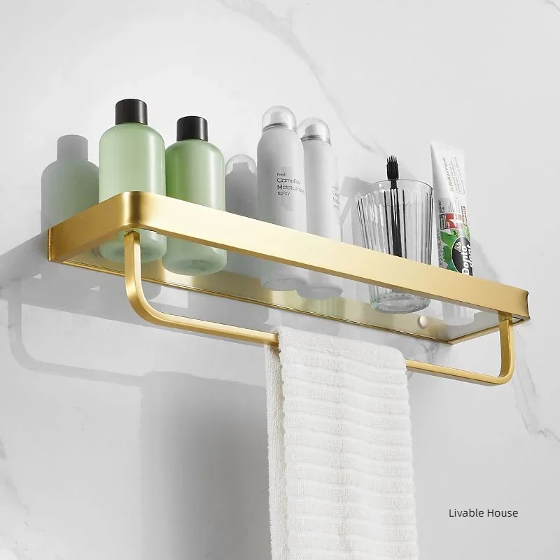 30-50CM Brushed Gold Glass Shelf  Aluminum Bathroom Storage Holder Bath Shower Shelf  Bathroom Shelf Mirror Wall Tray Towel Bar