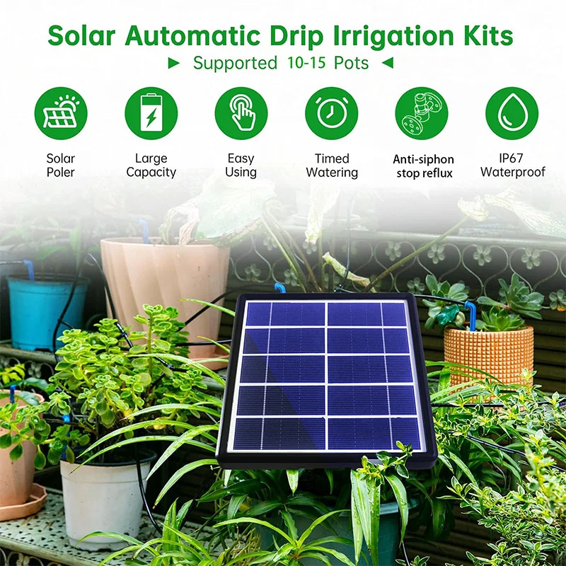 Solar Automatic Drip Watering Kit Supported 15 Pots Plants 1-600s Timer with Anti-Siphoning Device DIY Vacation Plant Watering