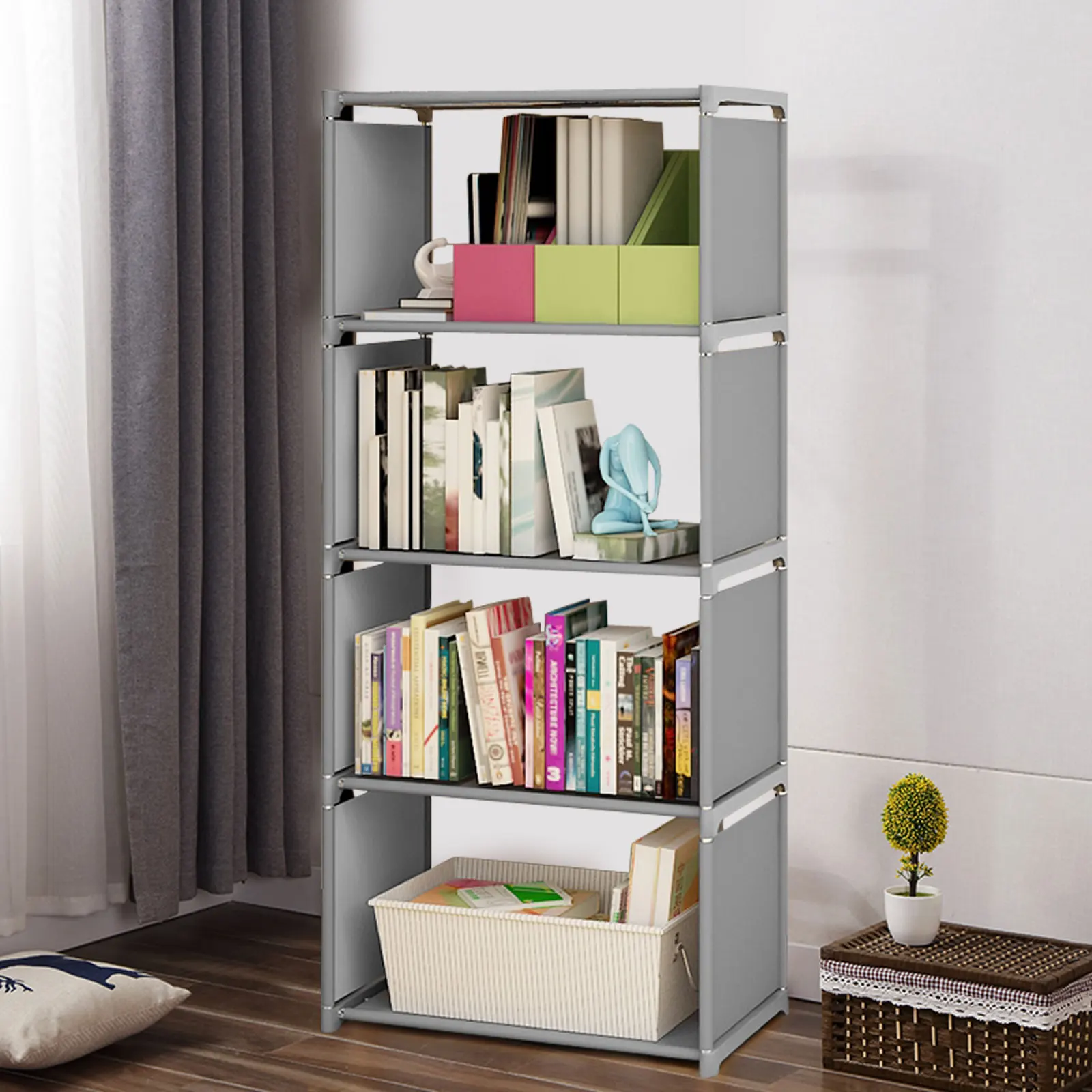 4 Tiers Grey Bookshelf Waterproof Bookcase Book Storage Shelve Stand Display Holder Metal & Woven Fabric High stability