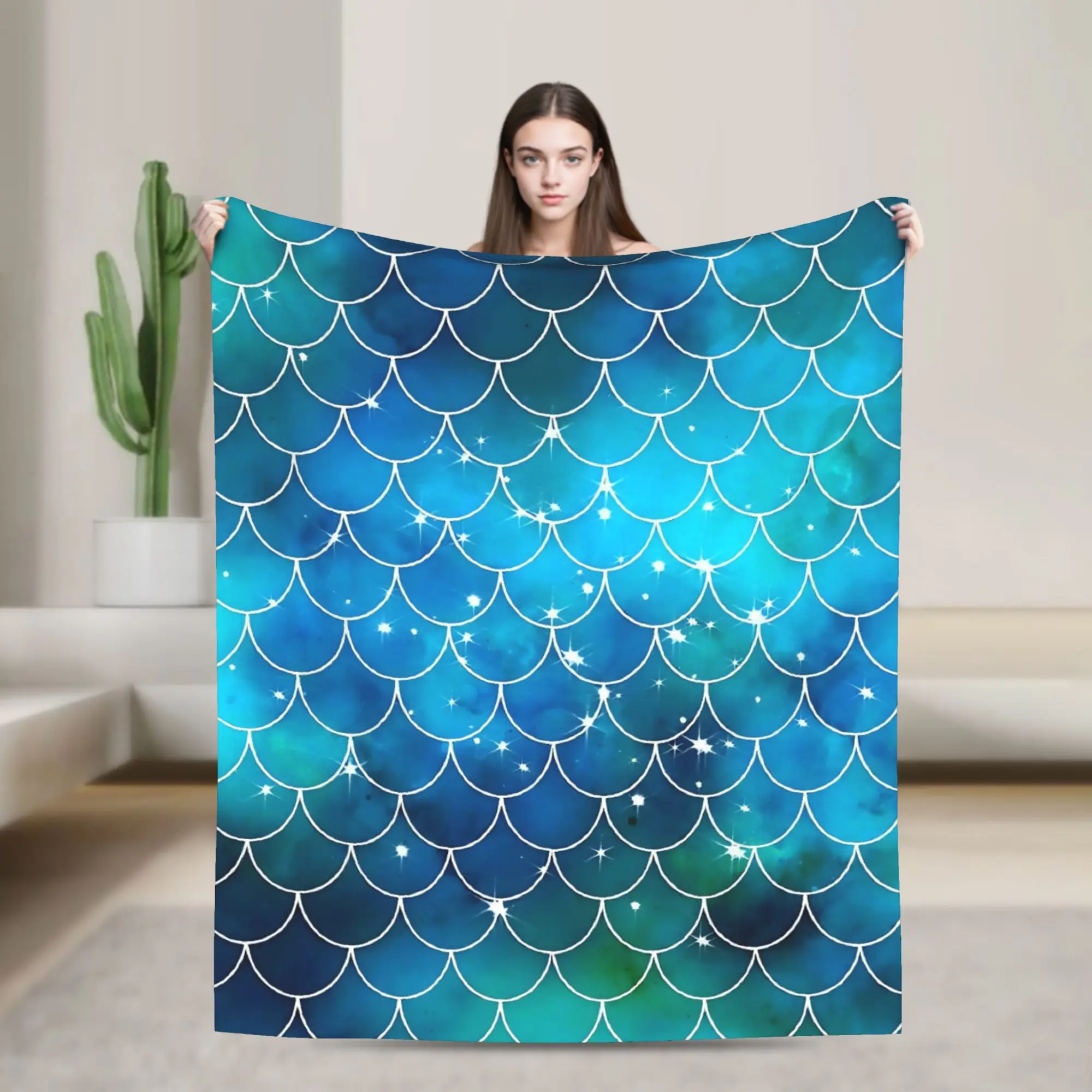 

Blue Mermaid Scale Pattern Blankets Warm Soft Comfortable Plush Throw Blanket For Bed Decorative Flannel Bedspread Bed Cover