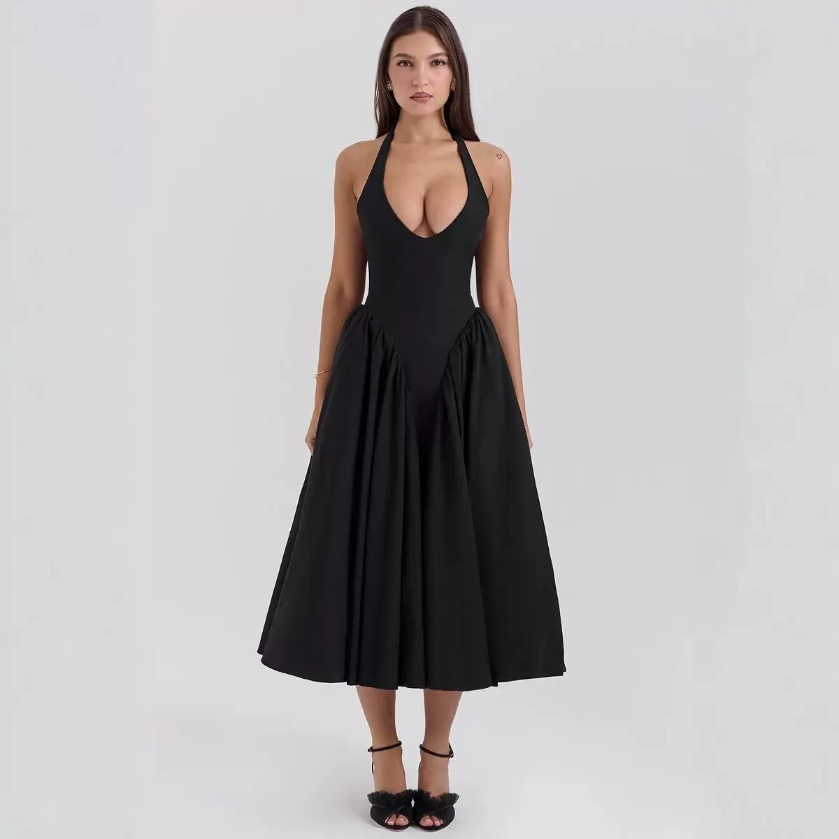 

French Retro Deep V-Neck Sexy Halter Neck Lace Up Patchwork Waist Holiday Black Long Dress