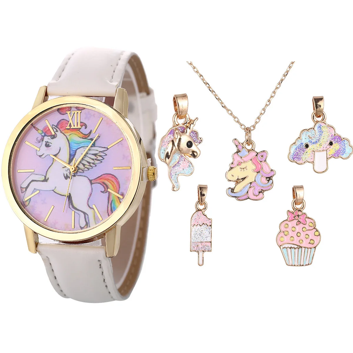 Kindermode Cartoon Eenhoorn Riem Quartz Horloge Ketting Combo Set Kinder Horloge Girl Gitf Dameshorloges Meisjes Item