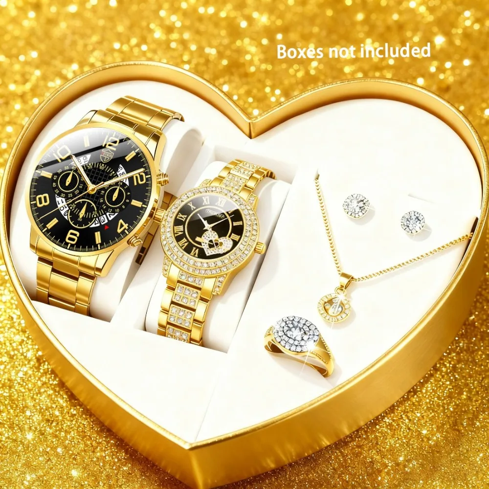 Couple Watches 6-Piece Set - Luxury Women's Quartz Watch & Jewelry Set (Including Ladies' Necklaces, Rings, Earrings)