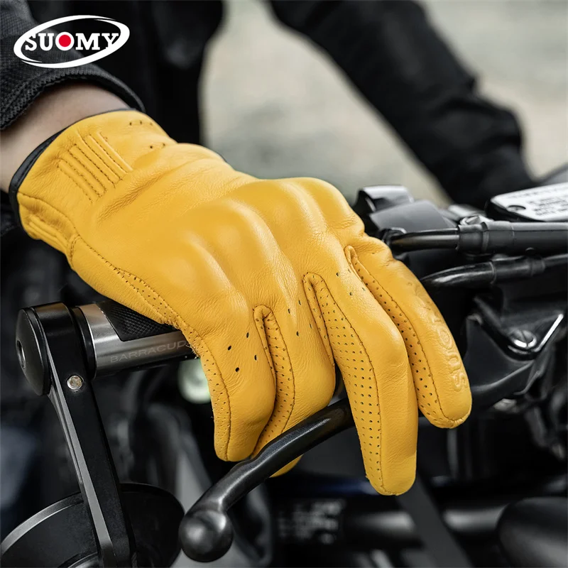 Sheepskin Breathable Motorcycle Gloves Touchscreen Anti-Slip Riding Glove for Motocross Outdoor Protective Cycling Gear Yellow
