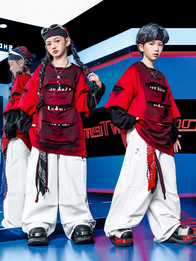키즈 케이팝 힙합 의류 레드 블랙 찢어진 스웨트셔츠 탑 화이트 패러슈트 카고 팬츠 소녀 소년 스트리트 댄스 의상