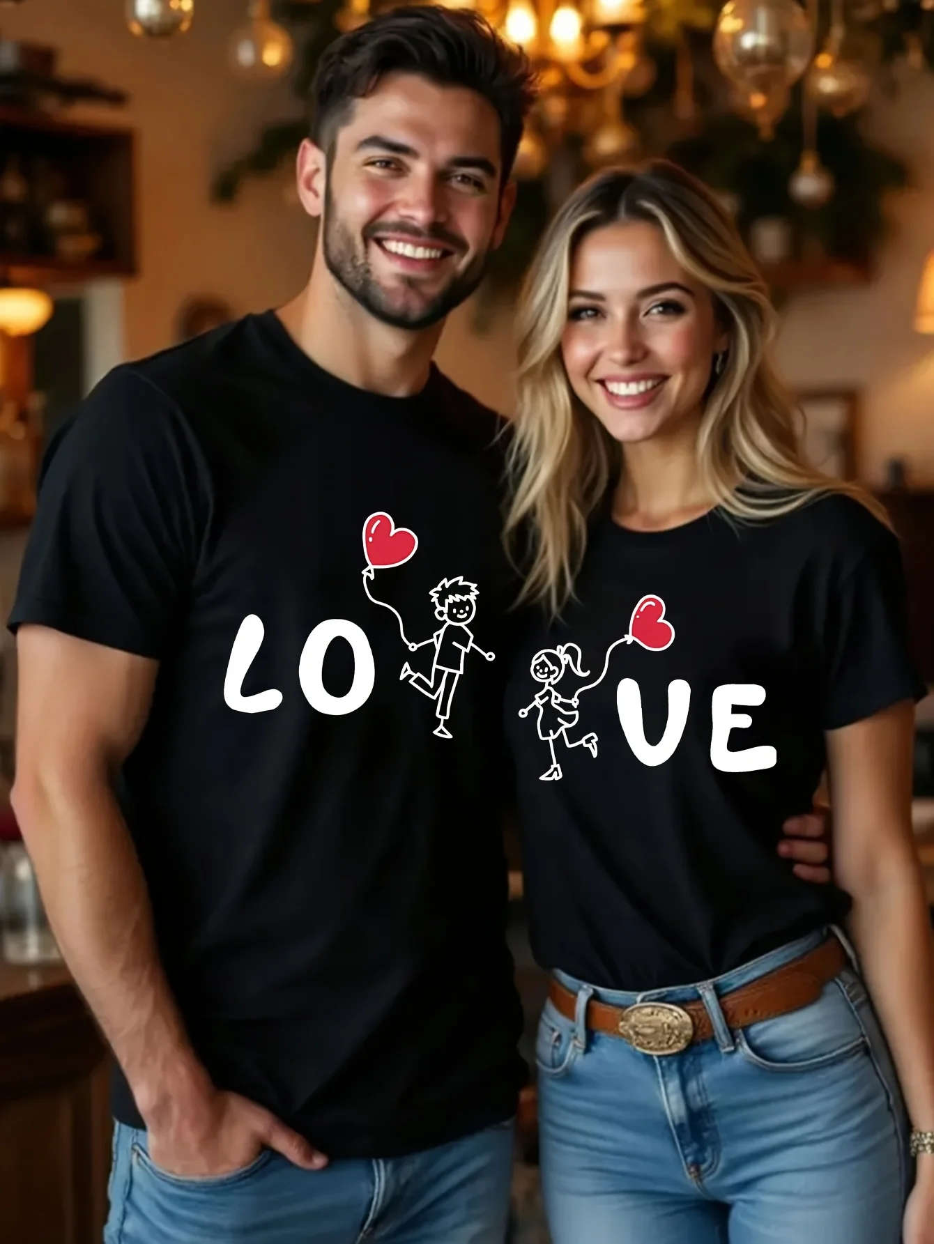 LOVE Heart Cartoon Character Pattern Couple Valentine Day Round Neck Casual Short Sleeve T Shirt