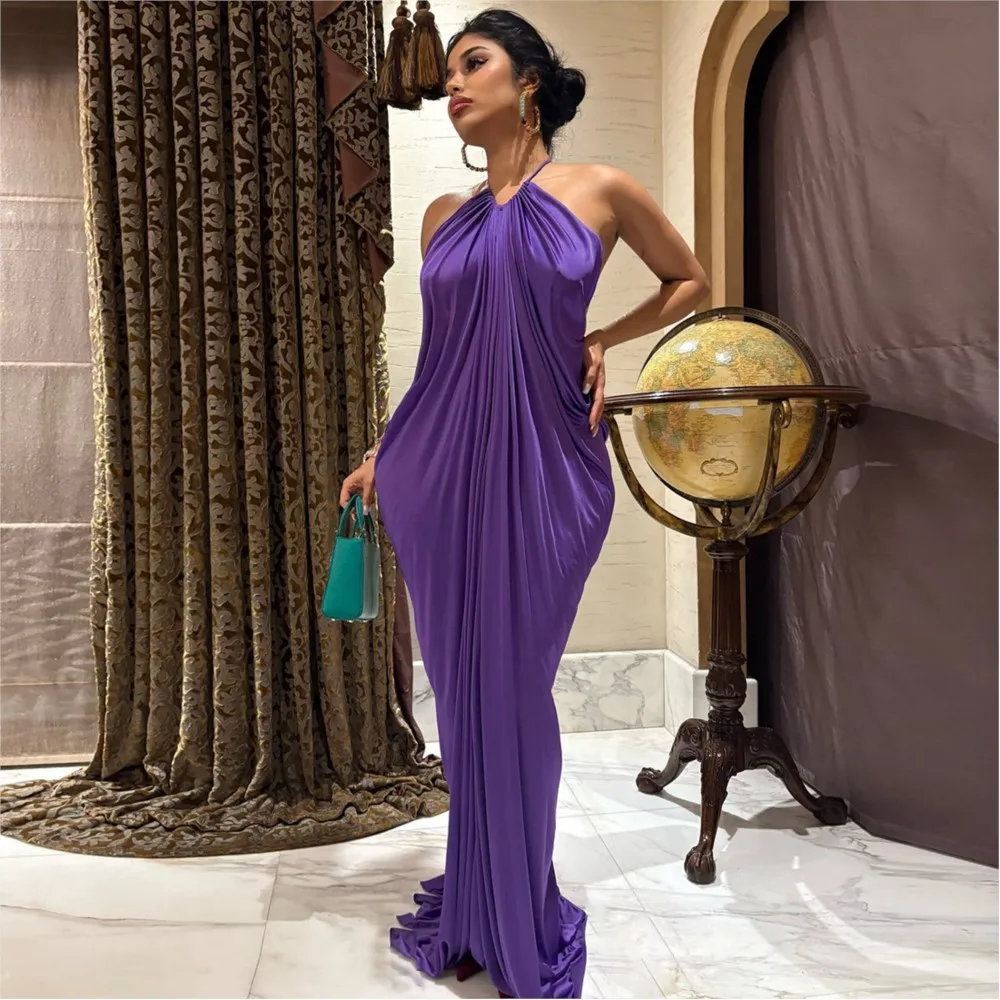 

Elegant Casual Long Dress Fashionable Sexy Halterneck Dress Solid Color Summer O-neck Off-shoulder Pleated High-waist Slit Dress