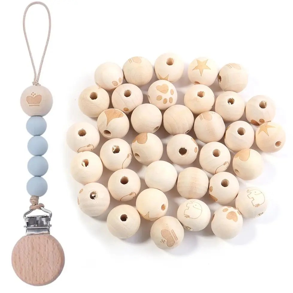 20pcs/Lot 19x20mm Round Natural Wooden Beads for Jewelry Making Heart Star Baby Teether Child Teething Wooden Beading Spacer