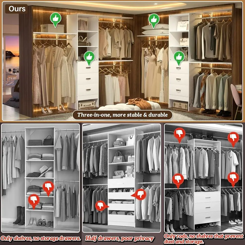 8T Closet System, 96'' Closet Organizer System with 3 Hanging Rods, Wall Mount Bedroom Wardrobe with 3 Ders Walk-in Closet, Adju