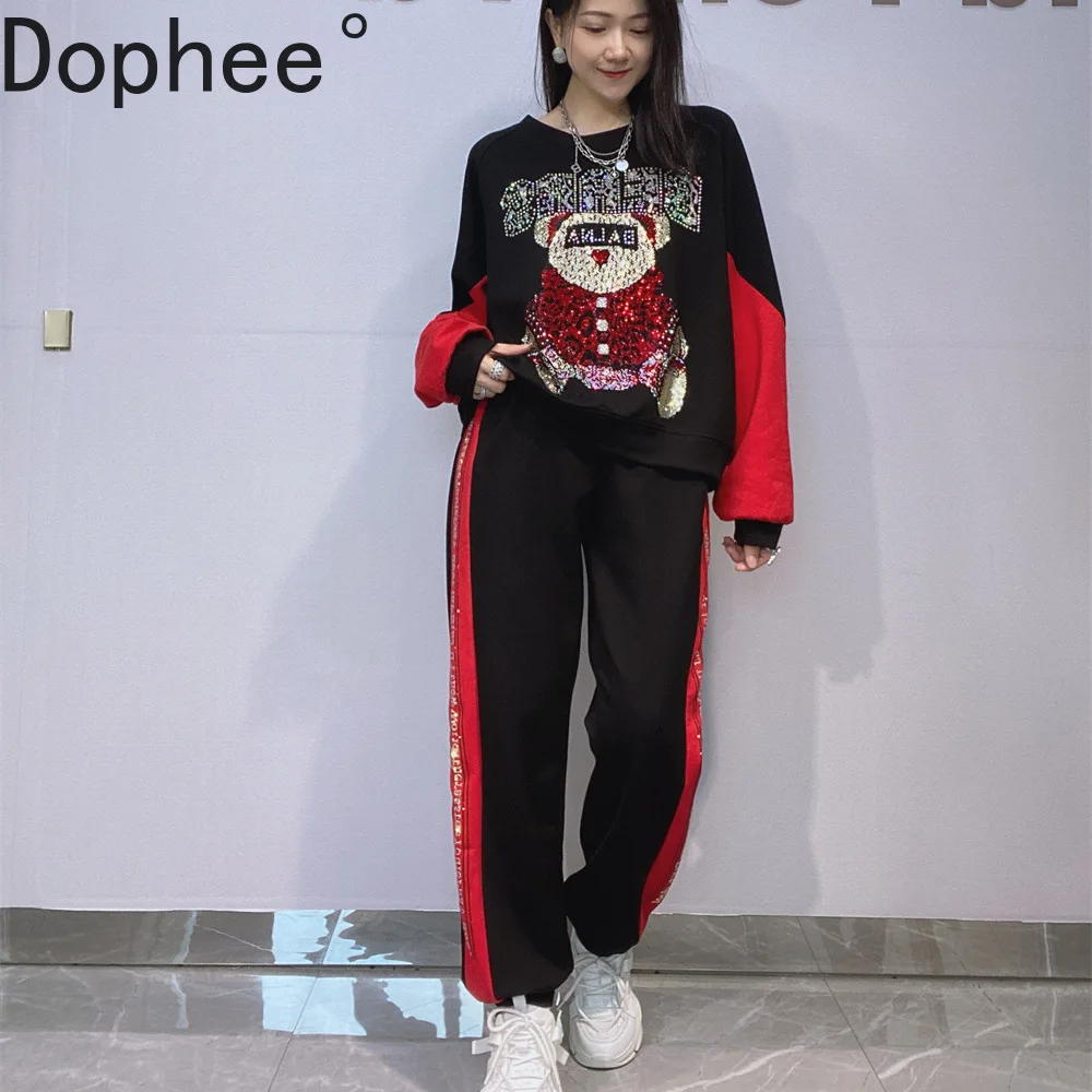 

Модные новые осенние комплекты с капюшоном и длинными рукавами, роскошный пуловер с круглым вырезом и эластичной резинкой на талии, повседневные шаровары с медведем