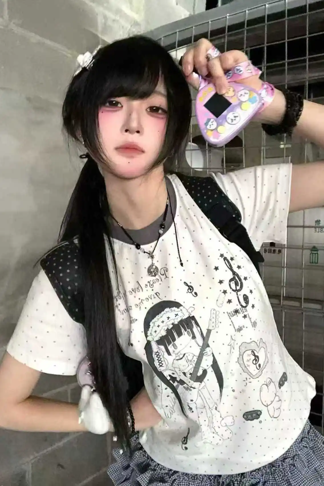 Korean Style Sweet Cool Commuting Asian Cute Printed Short Sleeved T-shirt Women Japanese Cute Morning Wave Dot Top