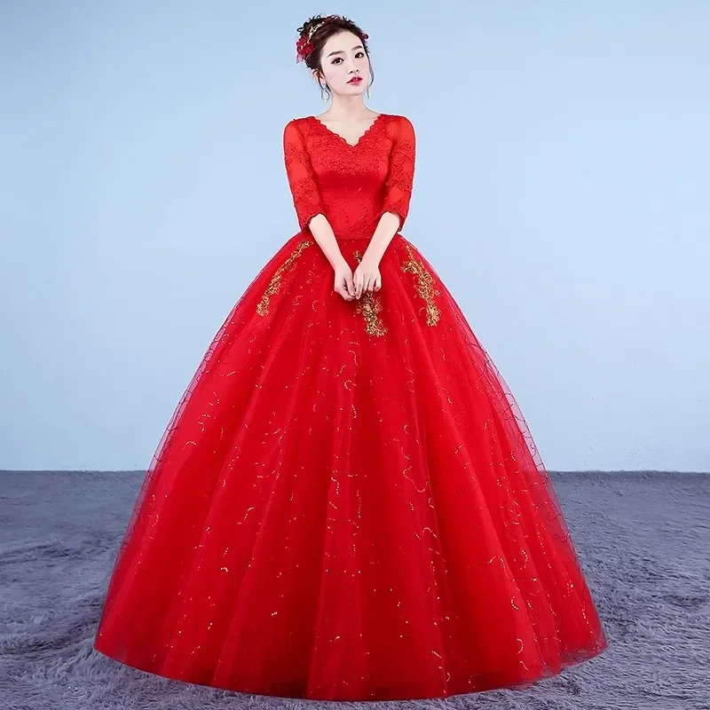 Cheap Red Wedding Dresses Tulle V-neck Half Sleeves Lace up Sequins Bling Floor-length Princess Plus size Bride Ball Gowns XN095