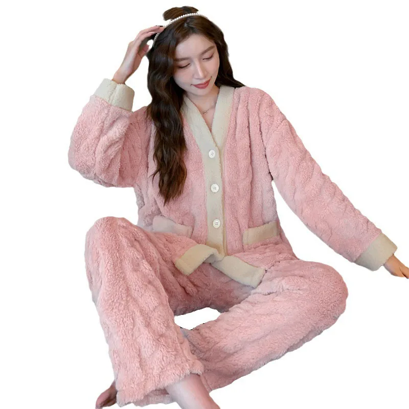Winter Women's Fleece Pajamas Sets Pink Warm Sleepwear Lady Padded Clothes Long Sleeve Cardigan Loose Cotton Nightgown Plus Size