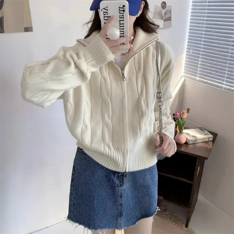 Women's New Sweaters Autumn Winter Double Zipper Stand-up Collar Long-sleeved Knitted Jacket Solid Sweater Vintage Cardigan B901