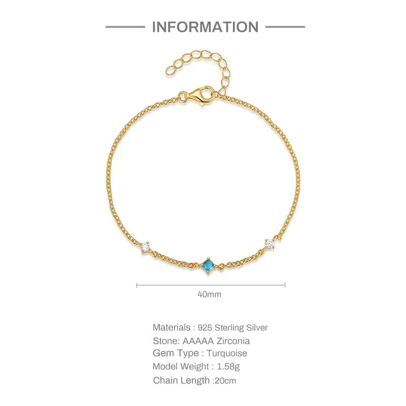 Carline Fashion 925 Sterling Silver Turquoise Diamond Paperclip Custom 18k Gold Plated Elegant Bracelet Jewelry for Women